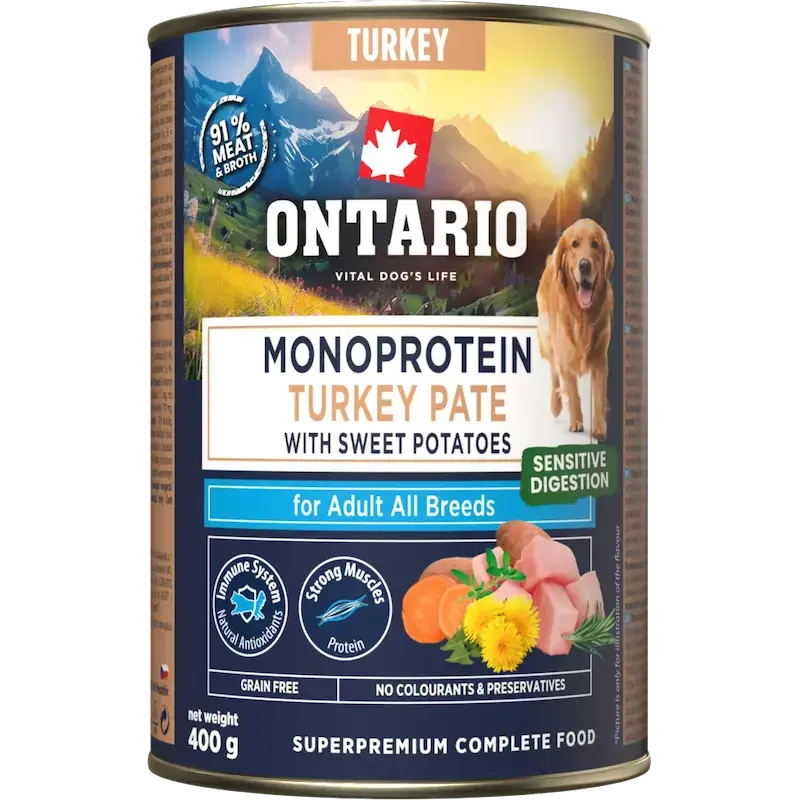 Konservi suņiem - Ontario Adult canned food, monoprotein turkey pāté with sweet potatoes, 400 g