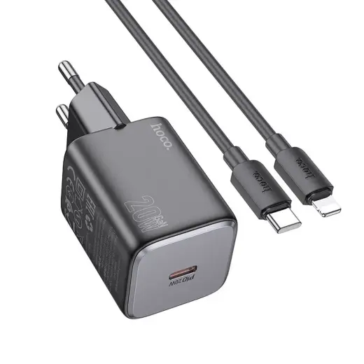 HOCO N40 tīkla lādētājs | 20W | PD, QC | USB-C | ar USB-C uz Lightning vadu komplektā | melns
