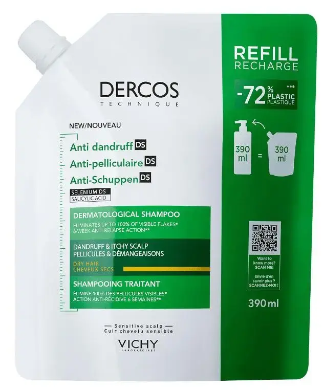 Vichy Dercos Shampoo Refill - 390ml - Daily Balancing Formula for Normal to Oily Hair - Face the Future