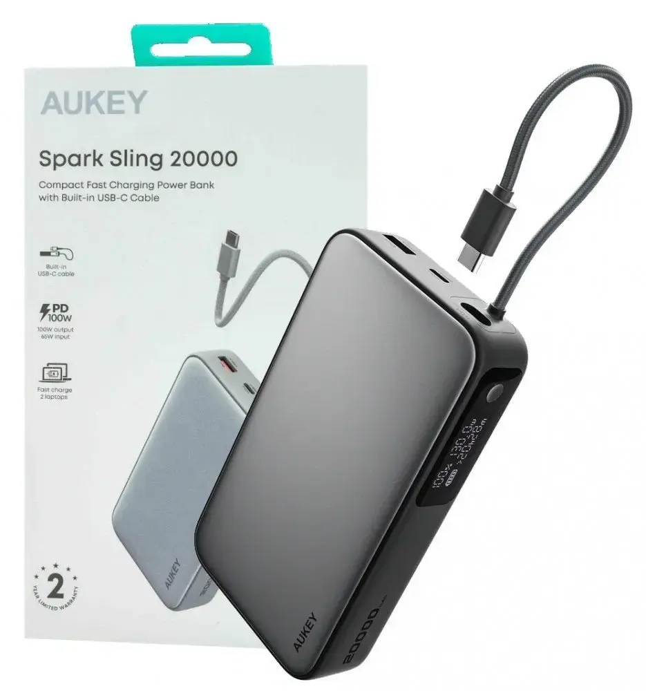 AUKEY PB-Y48 Spark Sling 20000 Compact Fast Charging Power Bank with Built-in USB-C Cable