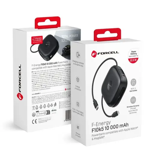 Forcell F-Energy F10K5 PD3.1 QC3.0 3A ārējais akumulators (powerbank) | 10 000 mAh | 22.5W | PD3.1, QC3.0 | USB-C, MagSafe, Apple Watch | melns