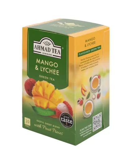 Zaļā tēja AHMAD Mango un Līčija, 20 maisiņi x 2 g paciņā