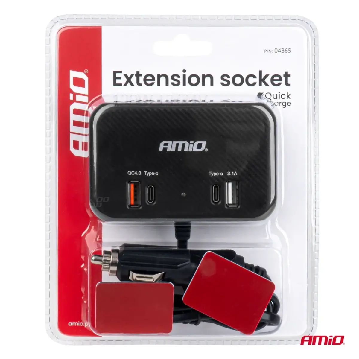 Triple extension socket charger 1x USB A 1x USB C QC 4.0 12/24V 120W 80cm AMIO-04365