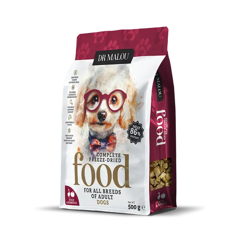 Liofilizēta barība suņiem - DR Malou, Duck with pumpkin pets food-Adult Dog, 500g