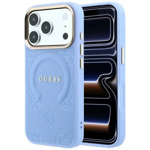Guess Saffiano Peony & Ring telefono dėklas su stovu ir MagSafe palaikymu iPhone 18 Pro | iPhone 17 Pro mėlynas