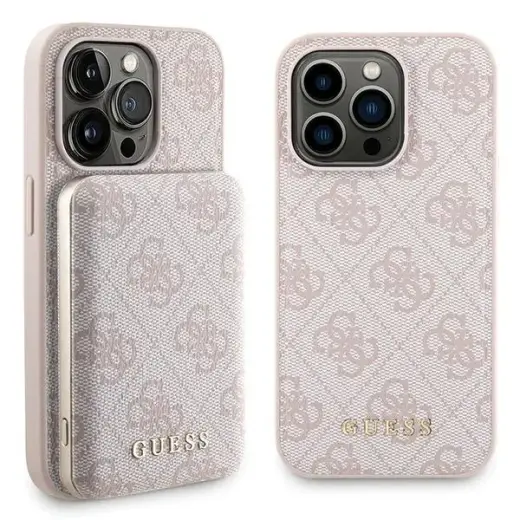 Zestaw Guess GUBPM5P15X4GEMGP iPhone 15 Pro Max 6.7" hardcase + Powerbank 5000mAh MagSafe różowy|pink 4G Metal Logo