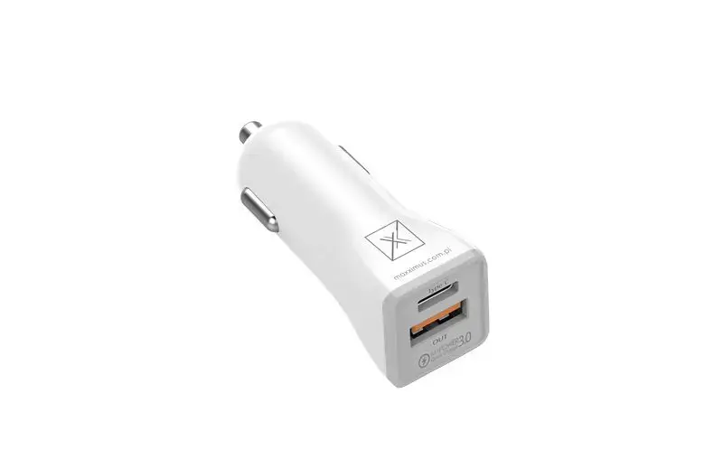 Maxximus MX Kappa auto lādētājs | 18W | PD, QC | USB-A, USB-C | ar USB-C uz USB-C vadu komplektā | balts