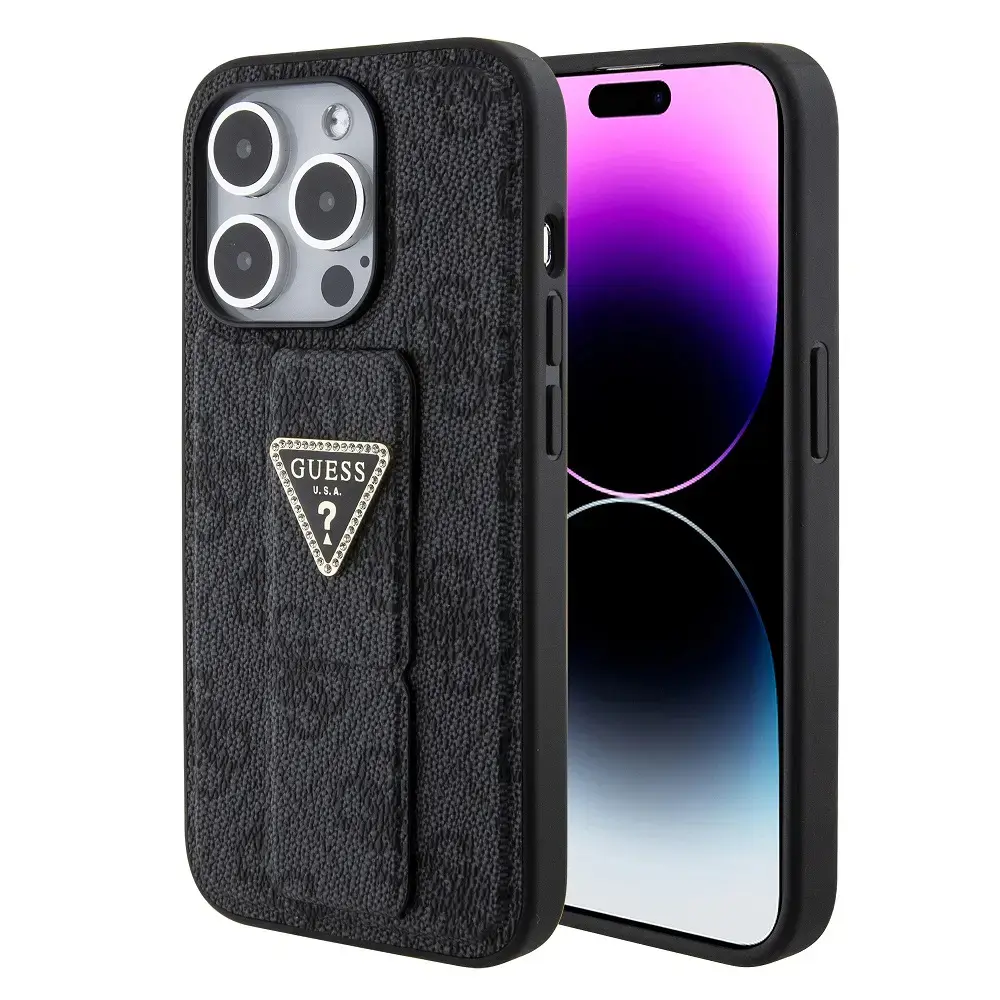 Guess PU Grip Stand 4G Strass Triangle Metal Logo Case for iPhone 15 Pro Max Black