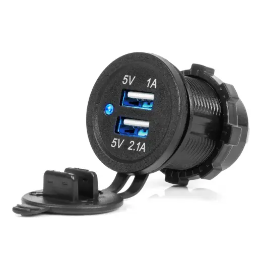 Waterproof Phone Charger with BLUE LED Indicator 3.1A 2xUSB 12/24V AMIO-04216