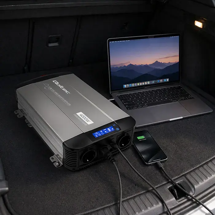 Qoltec Pure Sine Wave Inverter with UPS | 12V to 230V | 2000/4000W | LCD | USB | USB-C | Compatible with LiFePO4 GEL AGM