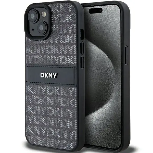 DKNY Leather Mono Stripe & Metal Logo Case for iPhone 15|14|13 - Black