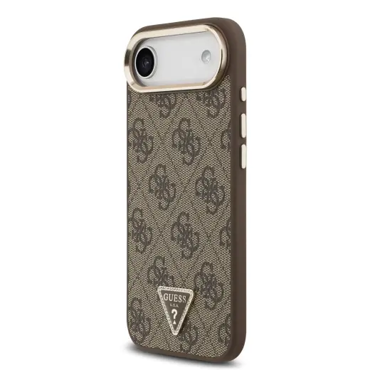 Guess PU Leather 4G Strass Triangle Logo Gold Frame MagSafe Case for iPhone Air Brown