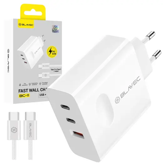 Blavec Wall charger BC-11 GaN - USB + 2xType C - QC PD 65W 3A with Type C to Type C cable (TCBC11G-U2CW653A) white