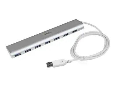 StarTech.com 7 Port Compact USB 3.0 Hub with Built-in Cable - Aluminum USB Hub - Silver USB3 Hub with 20W Power Adapter (ST73007UA) - USB peripheral sharing switch - 7 ports
