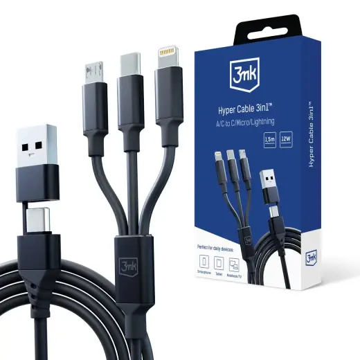 3mk Hyper Cable 3in1 data transfer and charging cable | USB-A to USB-C | 1.5m | black