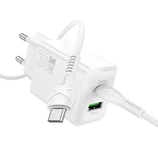 HOCO N71 tīkla lādētājs | 30W | PD, QC | USB-A, USB-C | ar USB-C uz USB-C vadu komplektā | balts