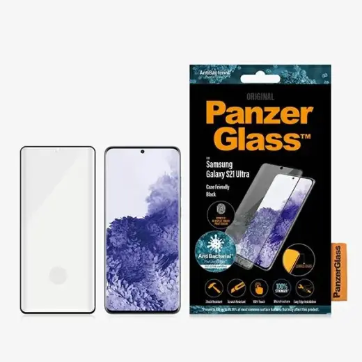 PanzerGlass E2E Microfracture tempered glass for phone Samsung Galaxy S21 Ultra G998 black Case Friendly Finger Print AntiBacterial