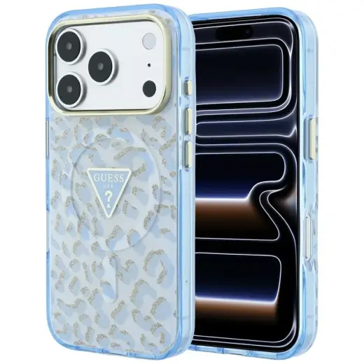 Guess IML Leopard Glitter Triangle Logo phone case with MagSafe support for iPhone 17 Pro Max | iPhone 18 Pro Max blue