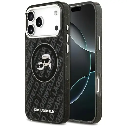 Karl Lagerfeld IML Glitter Karl & Choupette Heads Logo maciņš ar MagSafe atbalstu telefonam iPhone 17 Pro Max melns