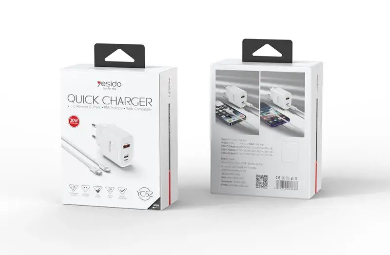 YESIDO WALL CHARGER YC52 PD 30W QC USB-A/C/LIGHTNING + TYPE-C/LIGHTNING CABLE 27W 1M WHITE