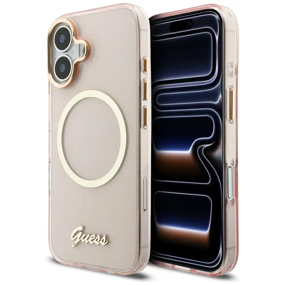 Guess IML Script Metal maciņš ar MagSafe atbalstu telefonam iPhone 17 rozā