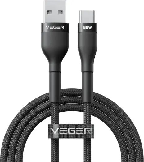 Veger AC04 datu pārraides un uzlādes vads | USB-A uz USB-C | 66W | 1.2m | melns