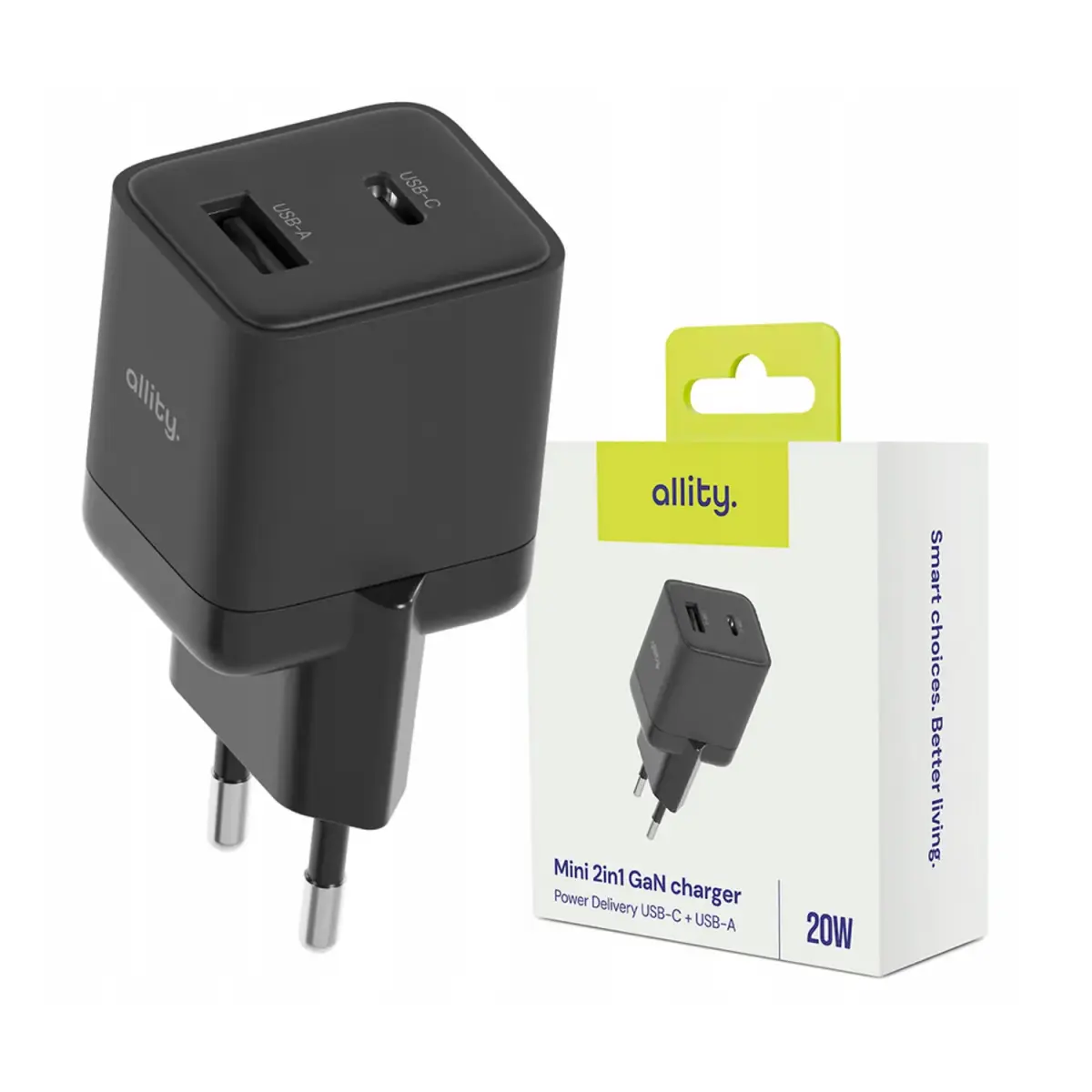 Allity wall charger GaN PD QC ATC-01-20WAC 1x USB-C 1x USB-A 20W black