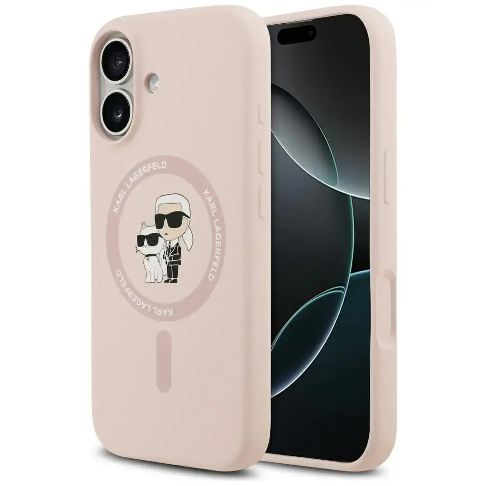 Karl Lagerfeld Silicone Karl&Choupette Ring maciņš ar MagSafe atbalstu telefonam iPhone 17 rozā