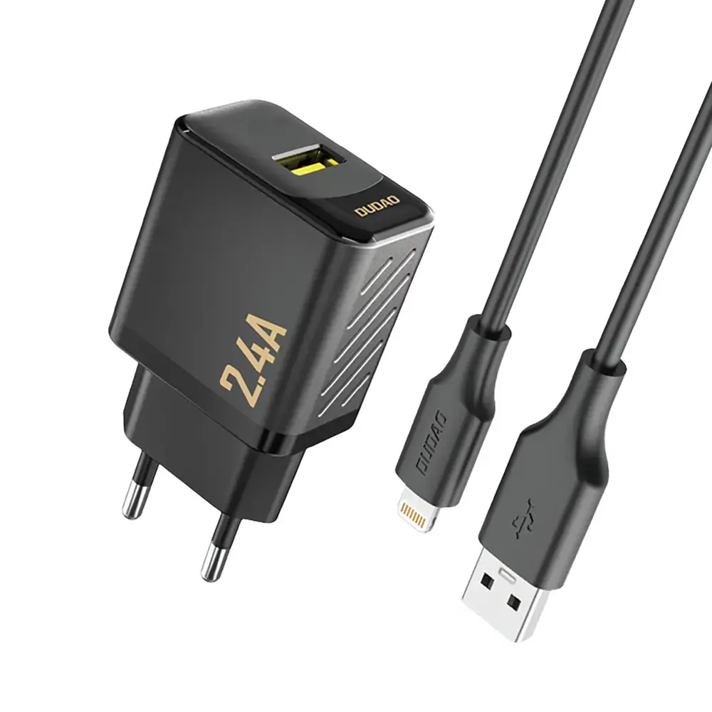 Dudao A23LEU tīkla lādētājs | 12W | GaN | USB-A | ar USB-A uz Lightning vadu komplektā | melns
