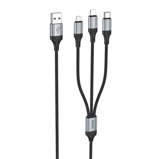 Hoco X102 3-in-1 datu pārraides un uzlādes vads | USB-A uz Lightning, Micro USB, USB-C | 12W | 1m | melns