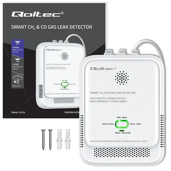 Qoltec Certified wireless Gas Leak (CH4) and Carbon monoxide (CO) detector | alarm 85dB | LED