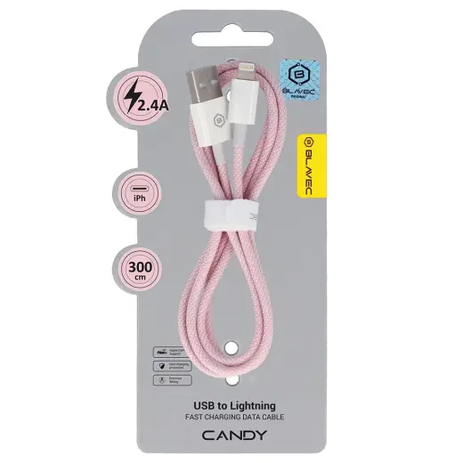 Blavec CCA-UL24P30 datu pārraides un uzlādes vads | USB-A uz Lightning | 12W | 3m | rozā