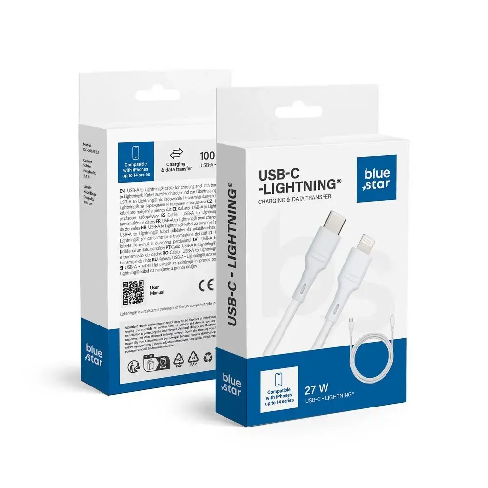 Blue Star DC-001CL2.4 datu pārraides un uzlādes vads | USB-C uz Lightning | 27W | 1m | balts