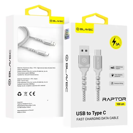 Blavec Raptor CRA-UC3WS10 datu pārraides un uzlādes vads | USB-A uz USB-C | 15W | 1m | balts, sudraba krāsā