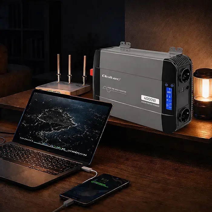 Qoltec Pure Sine Wave Inverter | 12V to 230V | 2000/4000W | LCD | USB | USC-C | Compatible with LiFePO4 GEL AGM