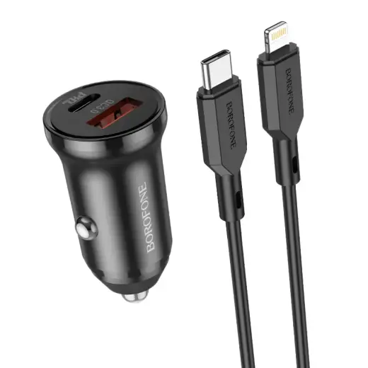 Borofone Car charger BZ18A - USB + Type C - PD 20W QC 3.0 18W with Type C to Lightning cable black