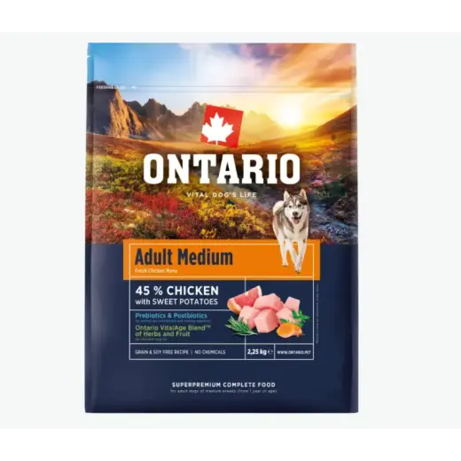 Barība suņiem – Ontario Adult Medium, Chicken and Sweet Potatoes, 2,25 kg