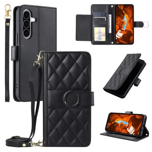 Leather raamatutüüpi telefoni ümbris rihmaga alusega Samsung Galaxy A37 (A376) must
