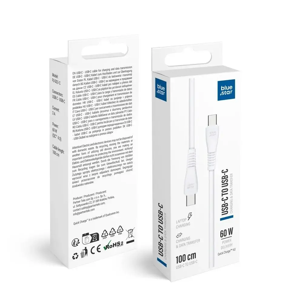 Blue Star PJ-DQ1-C datu pārraides un uzlādes vads | USB-C uz USB-C | QC 4.0 | 60W | 1m | balts