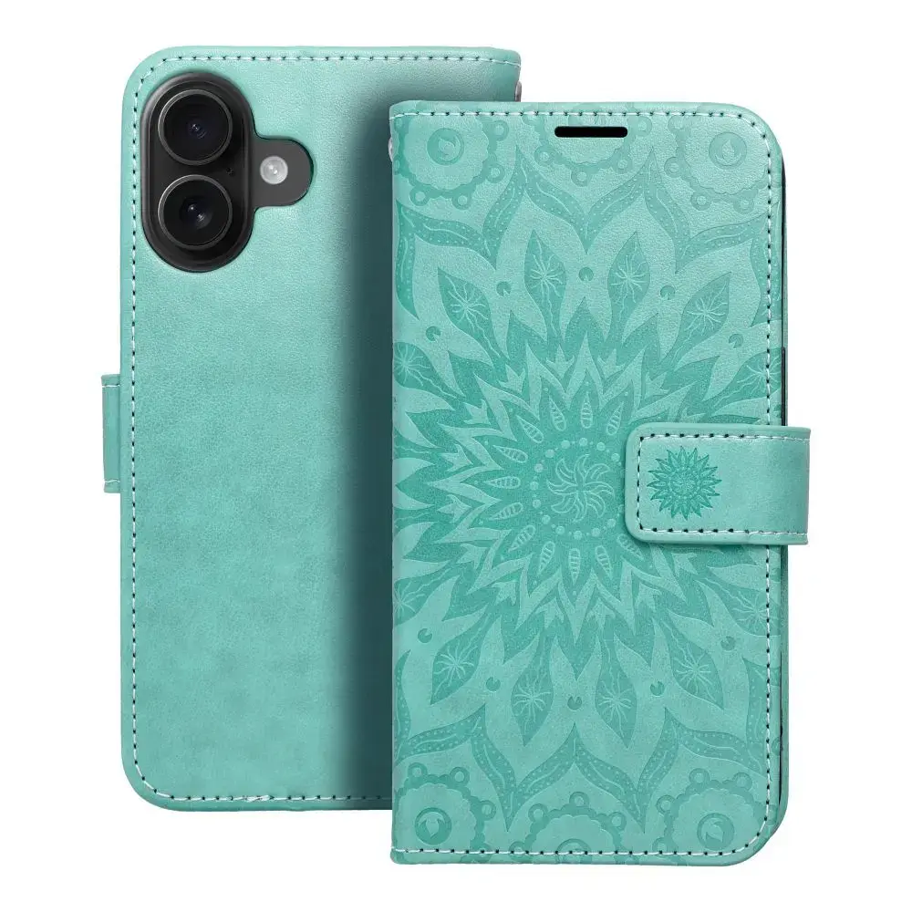 MEZZO mandala knyginio tipo telefono dėklas iPhone 16 žalias