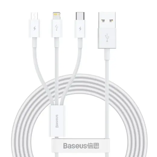 Baseus Superior 3-in-1 datu pārraides un uzlādes vads | USB-A uz USB-C, Lightning, Micro USB | 17.5W | 1.5m | balts