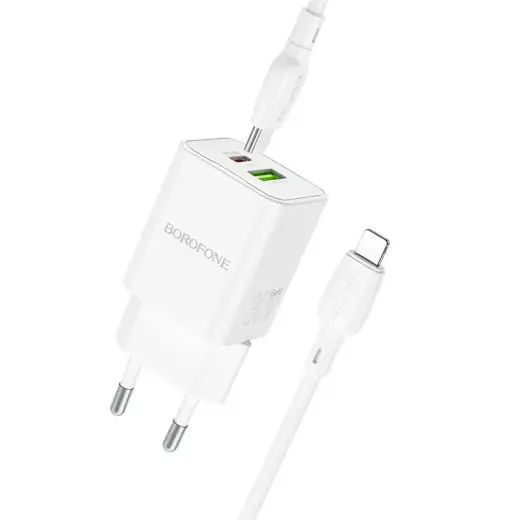 Borofone BN14 tīkla lādētājs | 30W | QC3.0, PD | USB-A, USB-C | Type C uz Lightning vads komplektā | balts