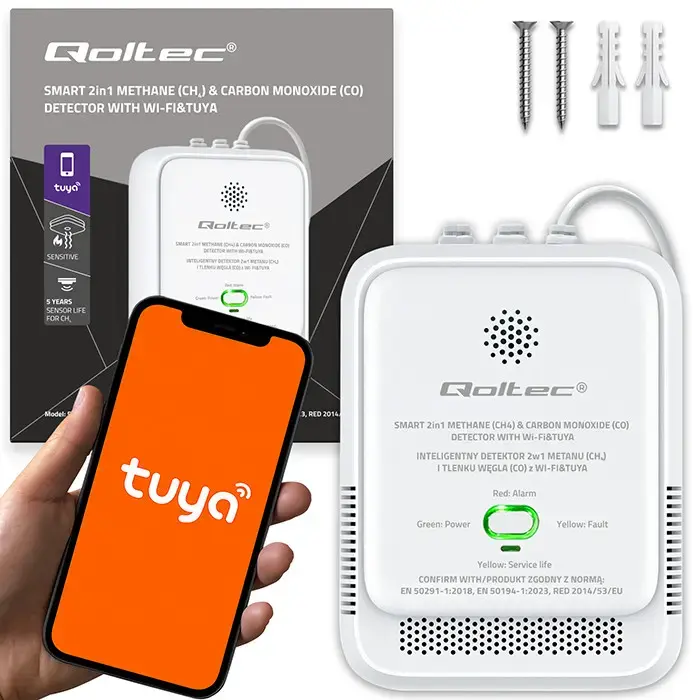 Qoltec Certified natural gas and carbon monoxide (CO) leak detector | CH4 | CO | NG | Tuya | Wi-Fi | 85dB alarm | LED