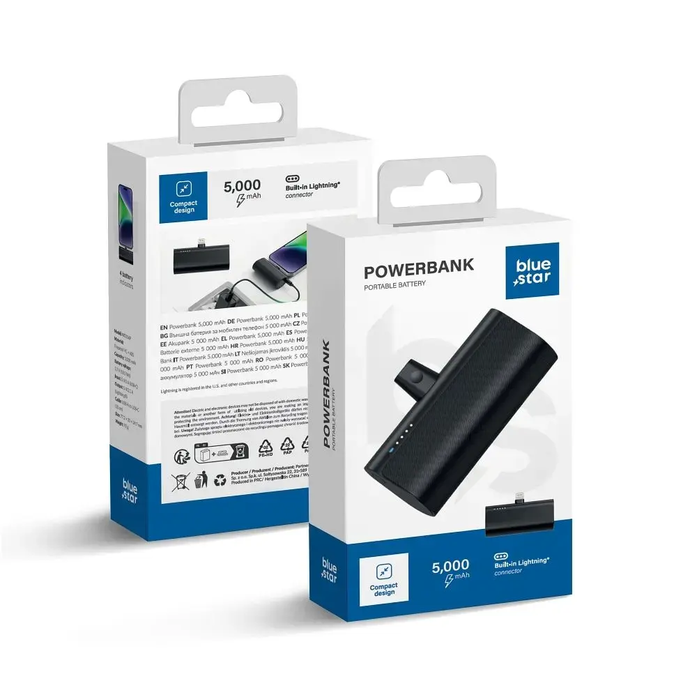 Blue Star W0556P ārējais akumulators (powerbank) | 5 000 mAh | 10.5W | Lightning, USB-A | melns