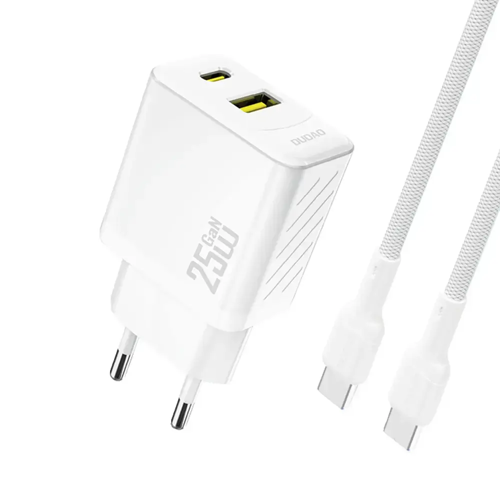 Dudao A26TCEU tīkla lādētājs | 25W | PD, QC, GaN | USB-A, USB-C | ar USB-C uz USB-C vadu komplektā | balts