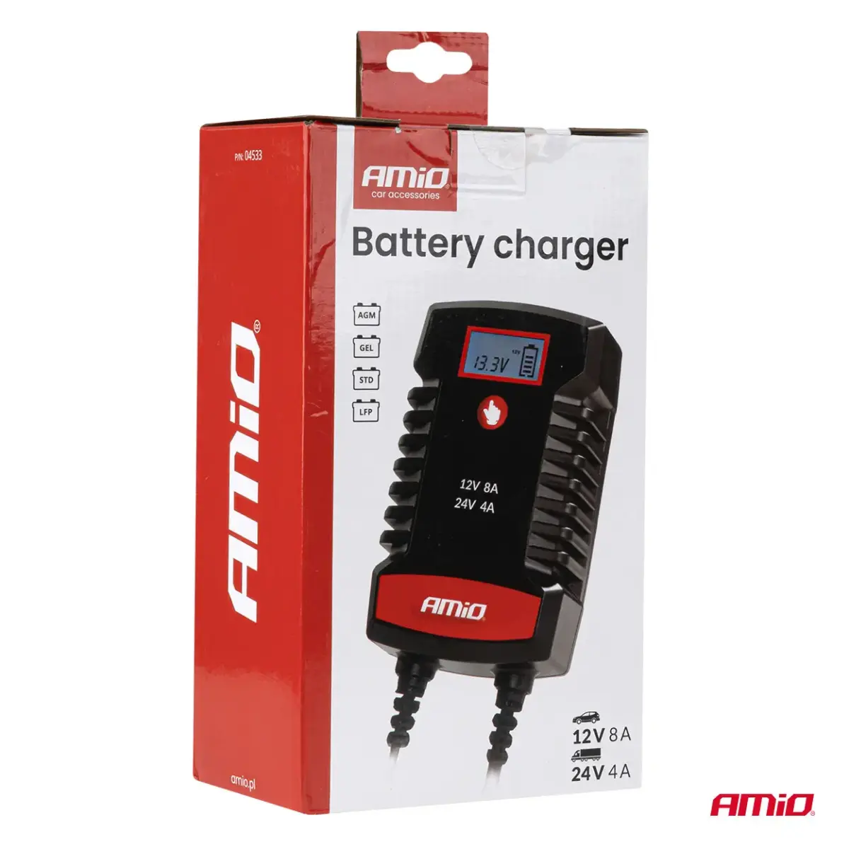 Digital battery charger AGM GEL STD LiFePo4 MAX 8A 12/24V PRO HOOK AMIO-04533