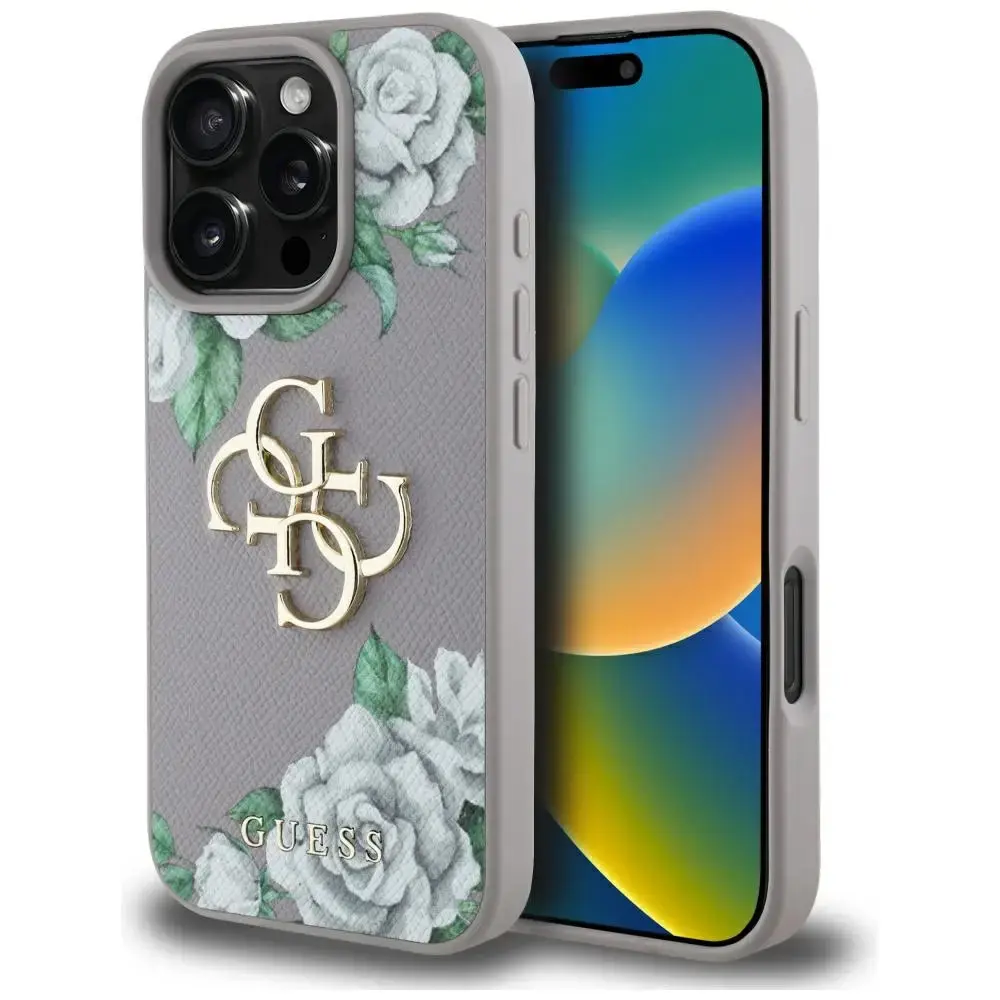 Guess Grained Roses Big 4G logo telefona maciņš iPhone 16 Pro violeta