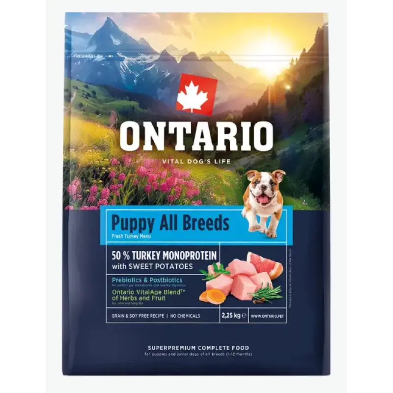 Barība kucēniem – Ontario Puppy and Junior All Breeds, Monoprotein, Turkey and Sweet Potatoes, 2,25 kg