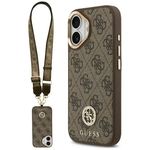 Guess 4G Strass Logo & Big Strap Metal Buttons MagSafe Case for iPhone 17 Brown