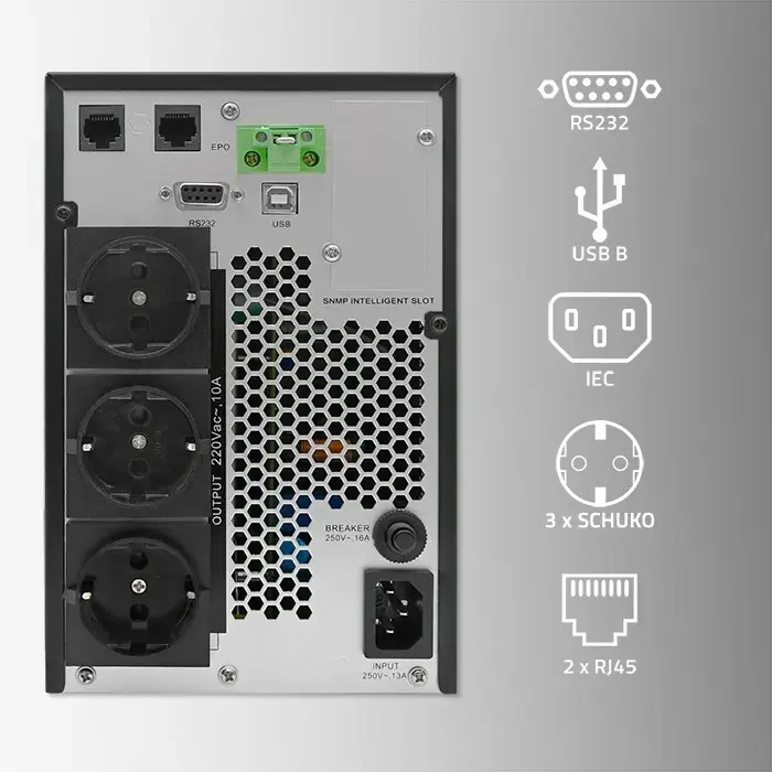 Qoltec Uninterruptible Power Supply UPS | 2kVA | 2000W | Power factor 1.0 | LCD | EPO | USB | On-line